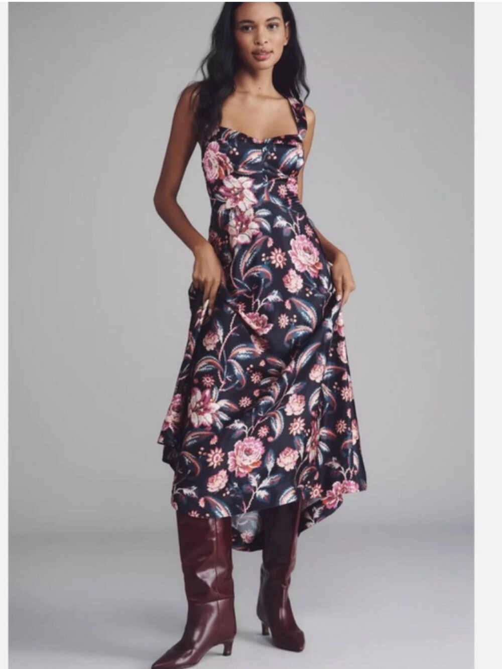 Anthropologie The Jocelyn Black  Pink Floral Sleeveless Slip Midi Dress by Maeve